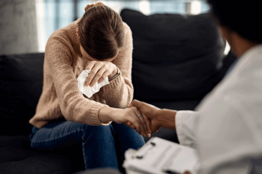 Mulher com expressão triste sentada ao lado de berço com bebê, representando sintomas de depressão pós-parto